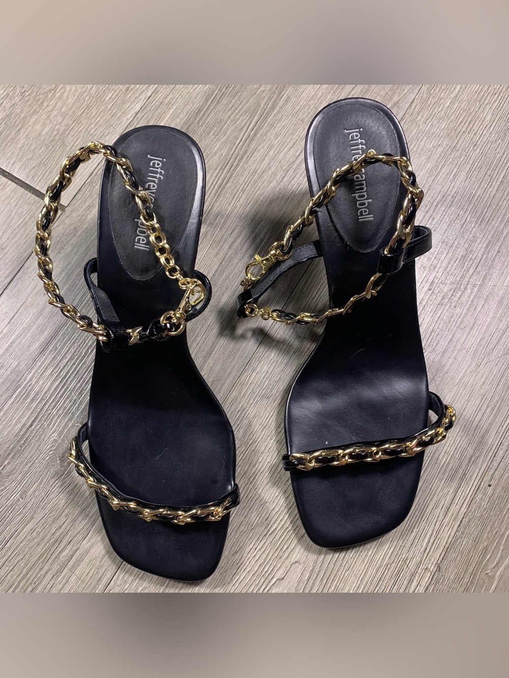 Jeffrey Campbell Hera-Chain Black Patent Leather Sandals size 8.5